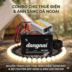Combo bình ắc quy & cục chuyển điện 220V + dây đèn 15m